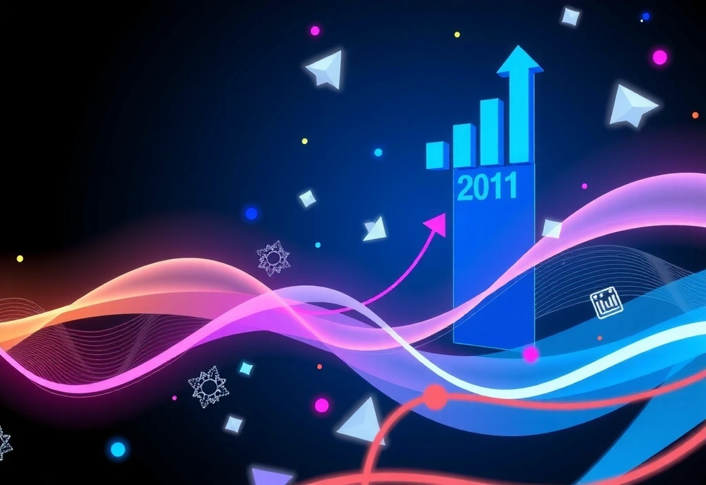 Moderní, dynamická abstraktní vizualizace digitálního marketingu, s prvky dat, technologií a růstu.