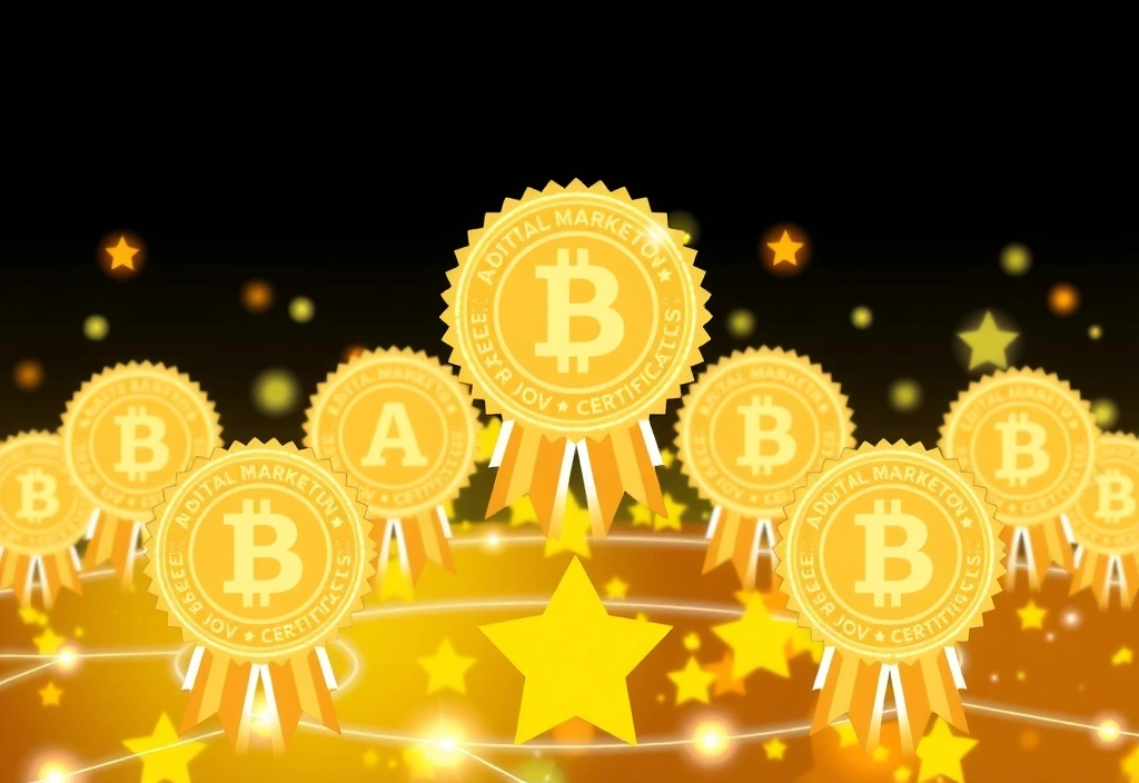 Velké abstraktní vizualizace ocenění a certifikátů, spojené s digitálním marketingem