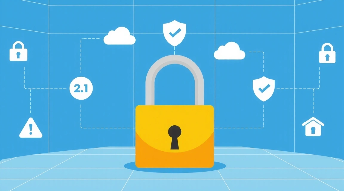 Ilustrace bezpečného digitálního prostoru s ikonami zámku a štítu.